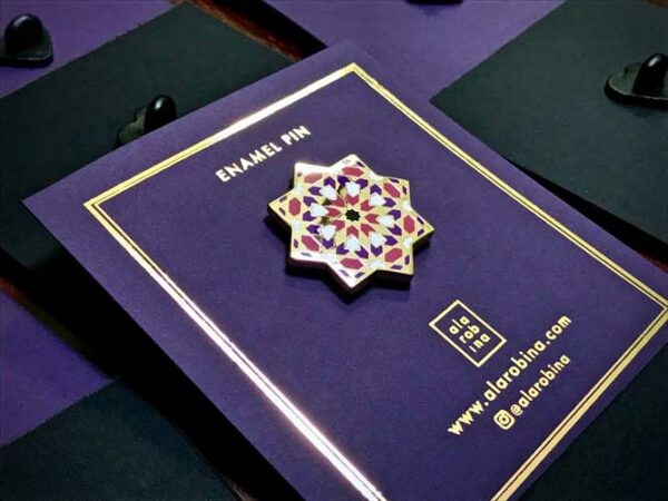 Eight-point-sacred-islamic-geometry-star-enamel-pin-gold-purple-white-backing-card