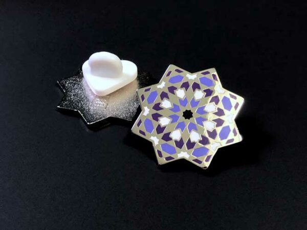 Eight-point-sacred-islamic-geometry-star-enamel-pin-silver-purple-white-rubber-back